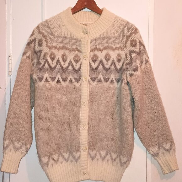 Vintage Hilda Ltd. Fair Isle Cardigan Sweater Wool Size M Brown/Gray/Cream - Picture 1 of 3